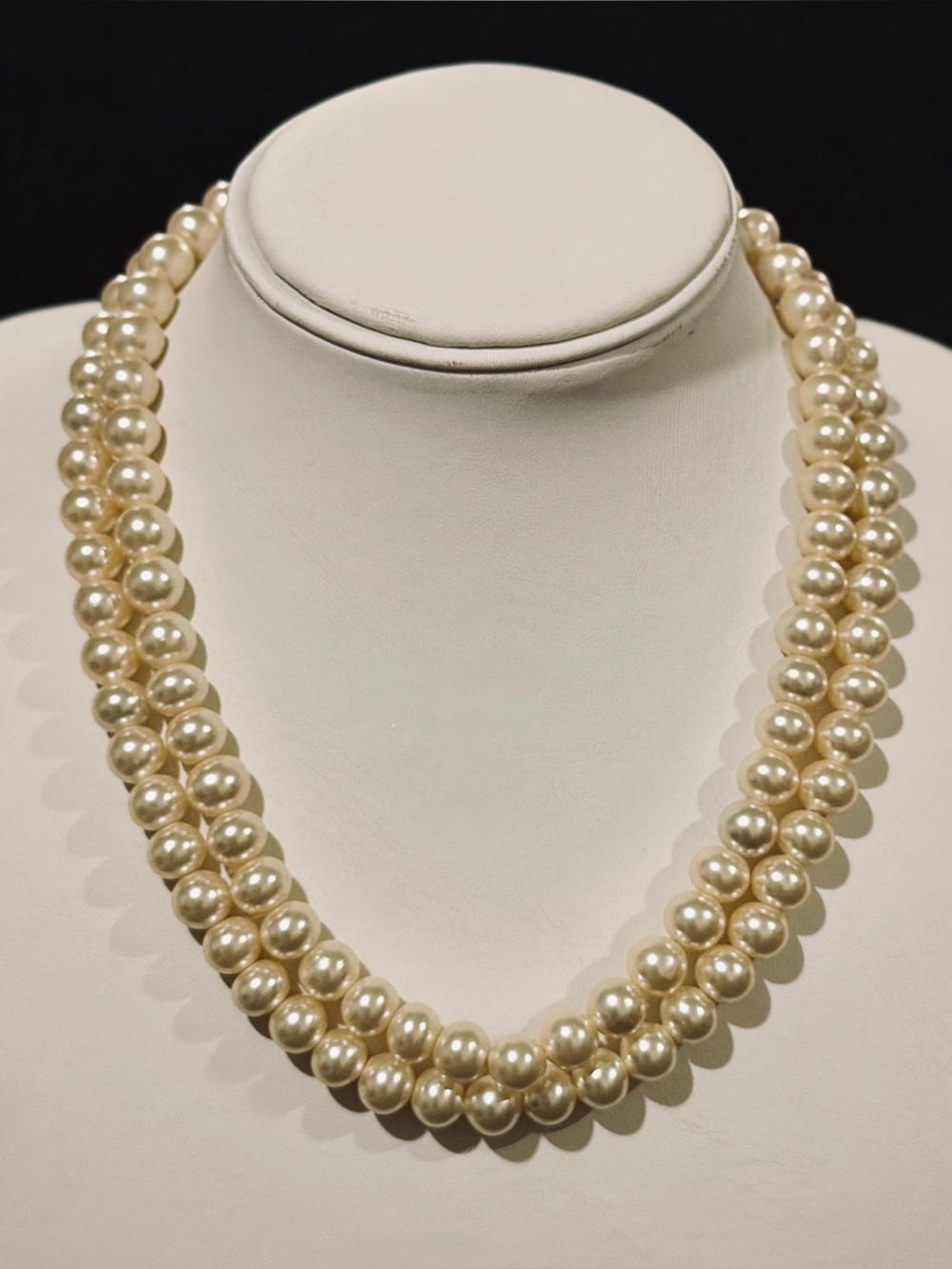 Vintage Double Strand Faux Pearl Necklace 16.5” Baguette Rhinestone Clasp